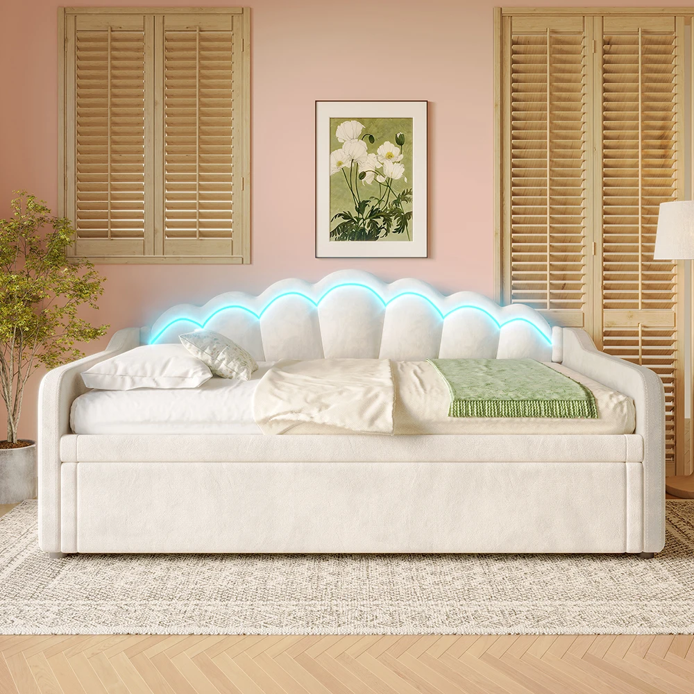 KOMHTOM Schlafsofa mit ausziehbarem Bett, 90/180 x 200 cm, Tagesbett mit LED-Lichtleiste, Armlehne, Rückenlehne und Lattenrost, Samt – Detail 2