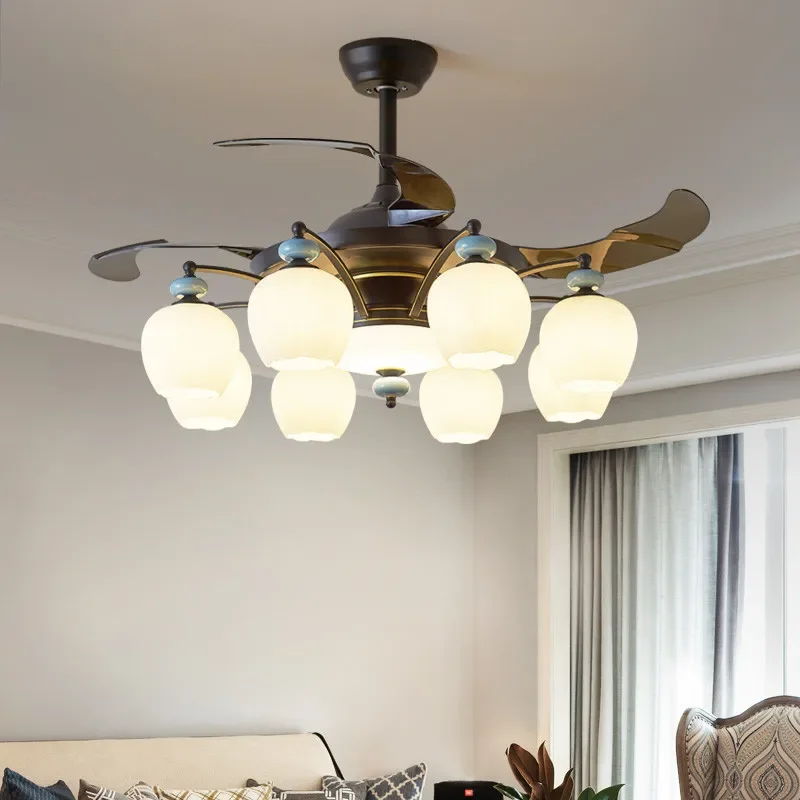 TEMOU Modern Stealth Fan Light Luxury Living Room Restaurant Bedroom Ceiling Fan Light Remote LED Electric