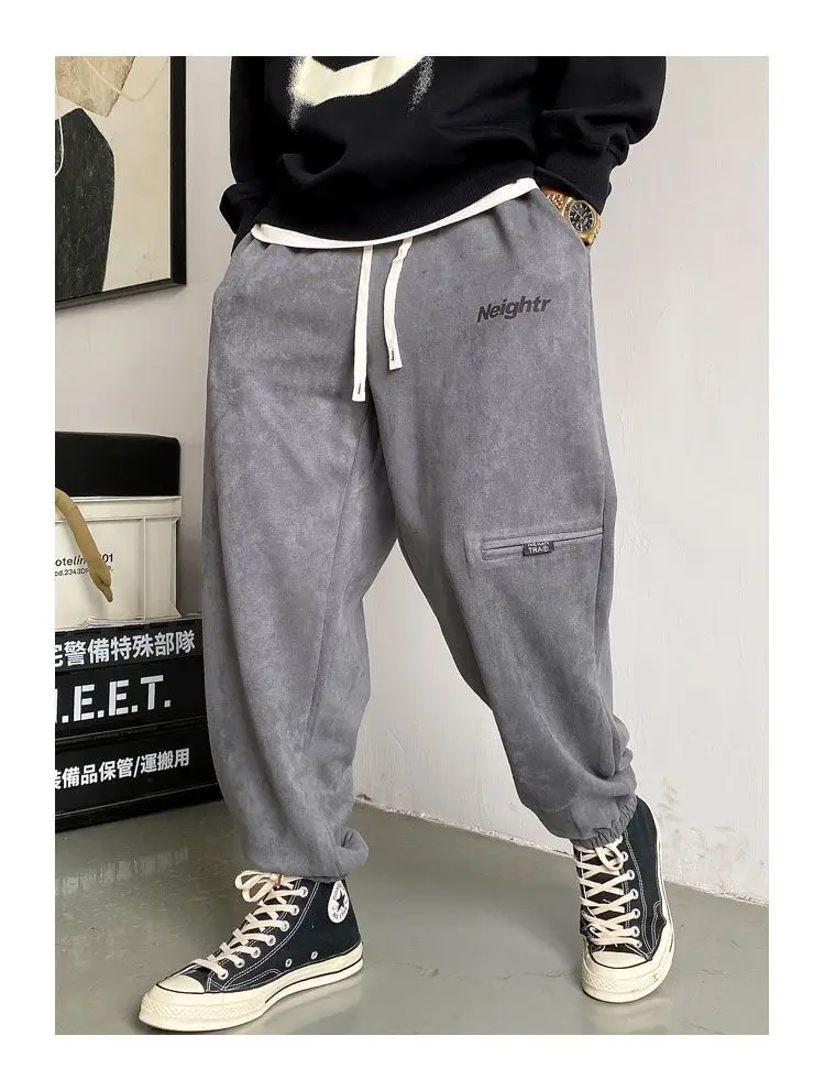 Große, verdickte lange Plüsch-Samt-Hose für hübsche Bindehose, dünne, super lockere High-Street-Wildleder-Haremshose für Herren – Detail 5