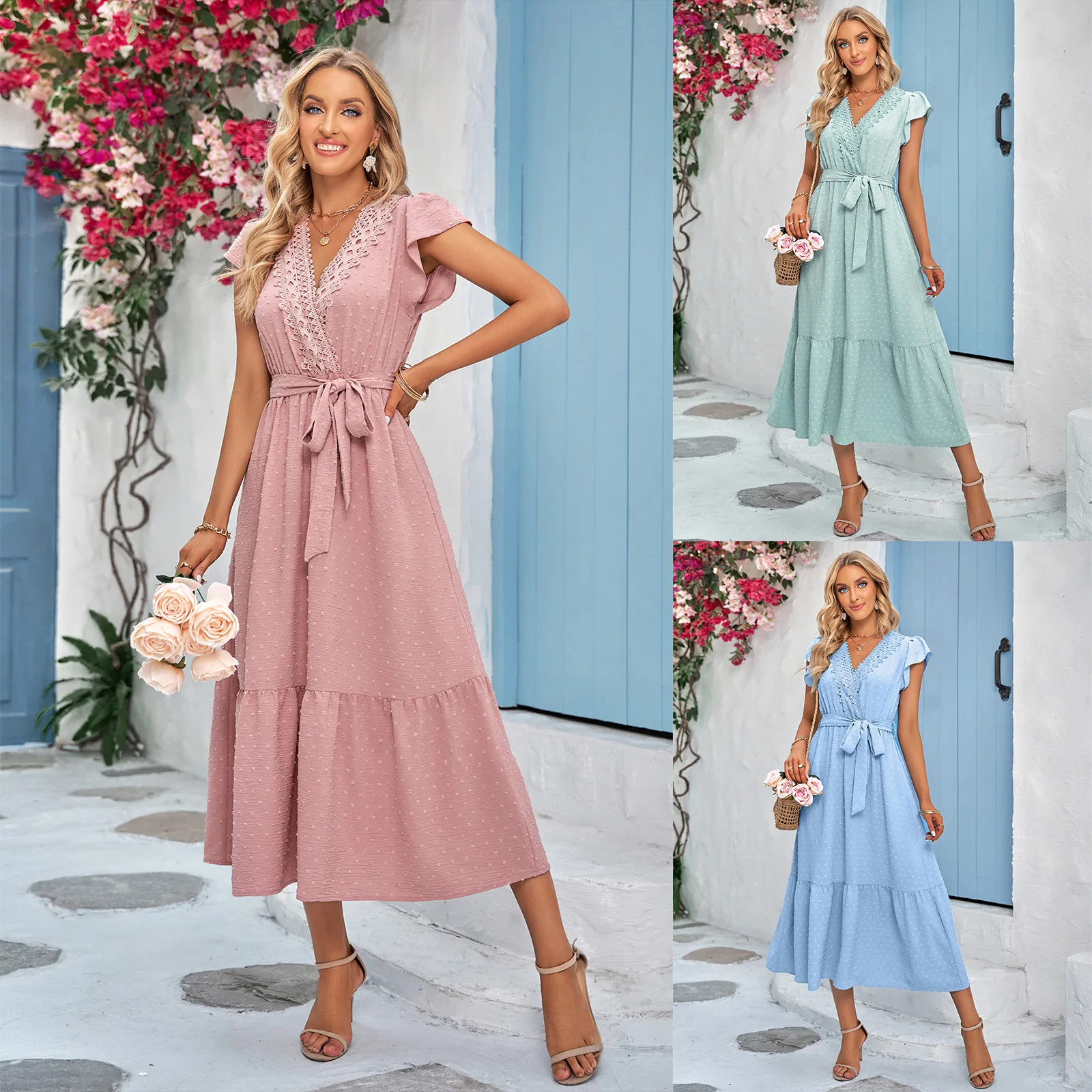 

European and American Spring/Summer Casual New Solid Color Casual Lace V-Neck Dress for Women