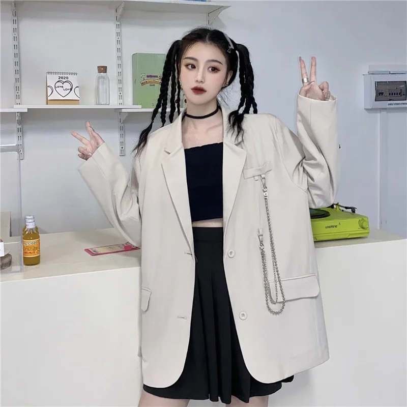

New Chic Chain Shoulder Pad Blazers Women Korean Loose Blazer Jacket Female Streetwear Single Breasted Black Blazers