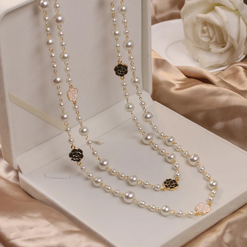 Luxury Camellia Multilayer Long Pearl Necklace Brand Design Rose