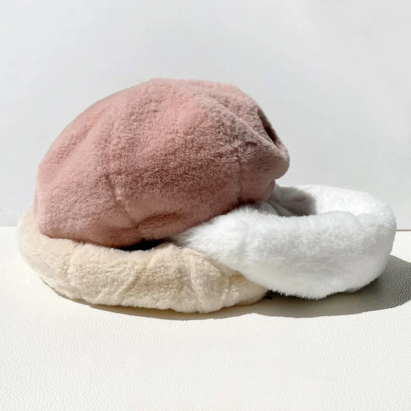 Hot Sale Y2K Rabbit Fur Beret Hat Female Autumn Winter Warm Candy Color All-match Sweet Cute Plush Painter Hats Brim Cap Gorras_autovado.com