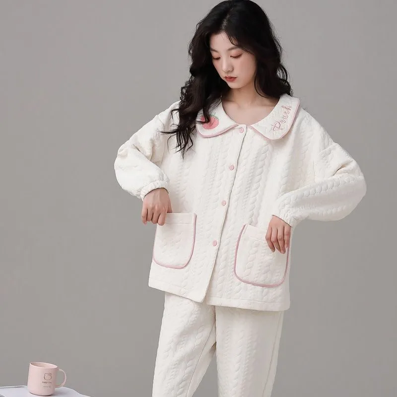 2023 New Air Cotton Sandwich Autumn Winter Pajamas Women Loose Loungewear Long Sleeved Sleepwear Set Spring Homewear