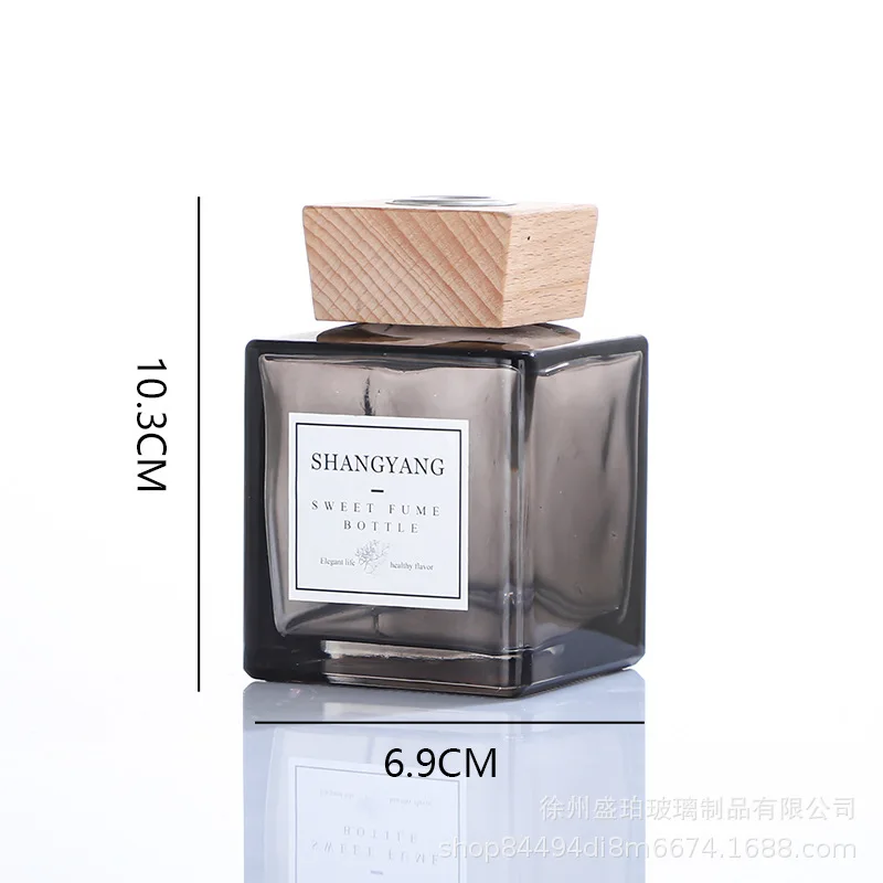 1PCS 500ml Square Aromatherapy Bottle Wooden Lids Rattan Sticks Aroma Essential Oil Bottle for Office Purifying Air
