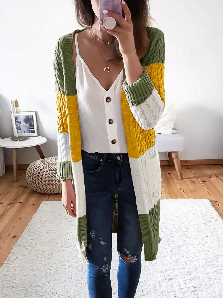 Autumn Cardigan Coat Women 2022 Fashion Patchwork Long Sleeve Pocket Plus Size Vintage Sweater
