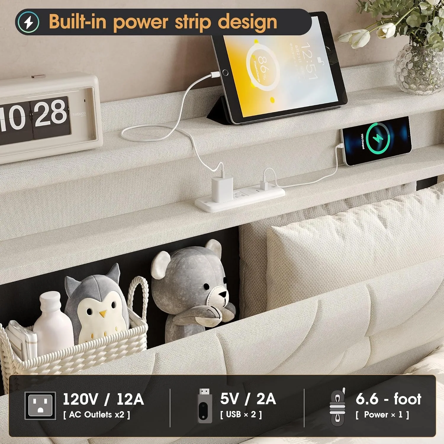 Twin Size Lift Up Bed Frame, Storage Headboard with Charging Station, LED Lights Upholstered Platform Bed, No Box Spring Needed 4