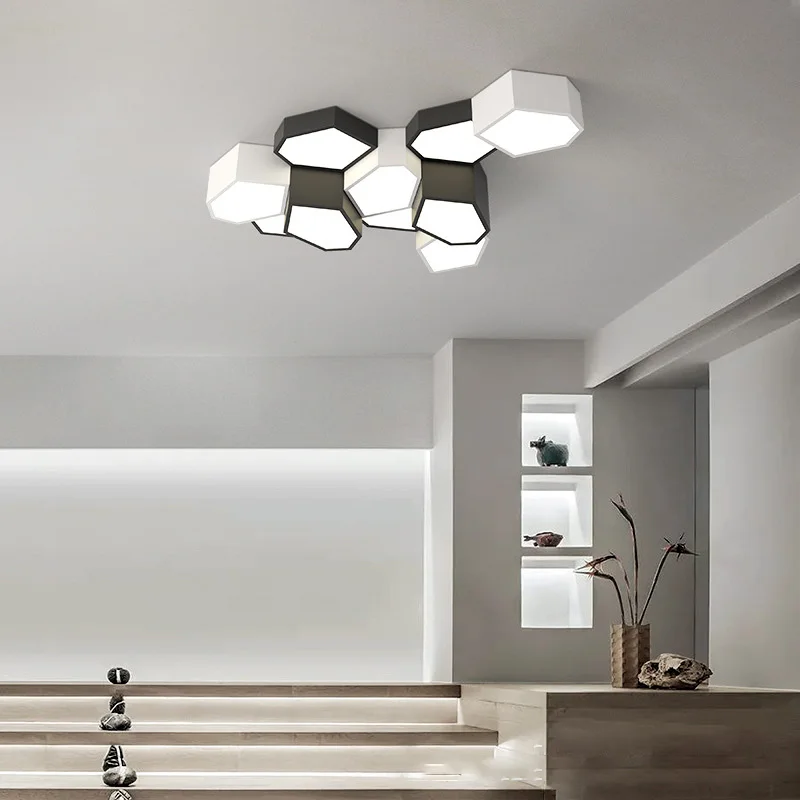 

Modern Geometry Art Ceiling Lights Polygon White Black Metal Foyer Bedroom Dining Room Ceiling Lamp Indoor Decor