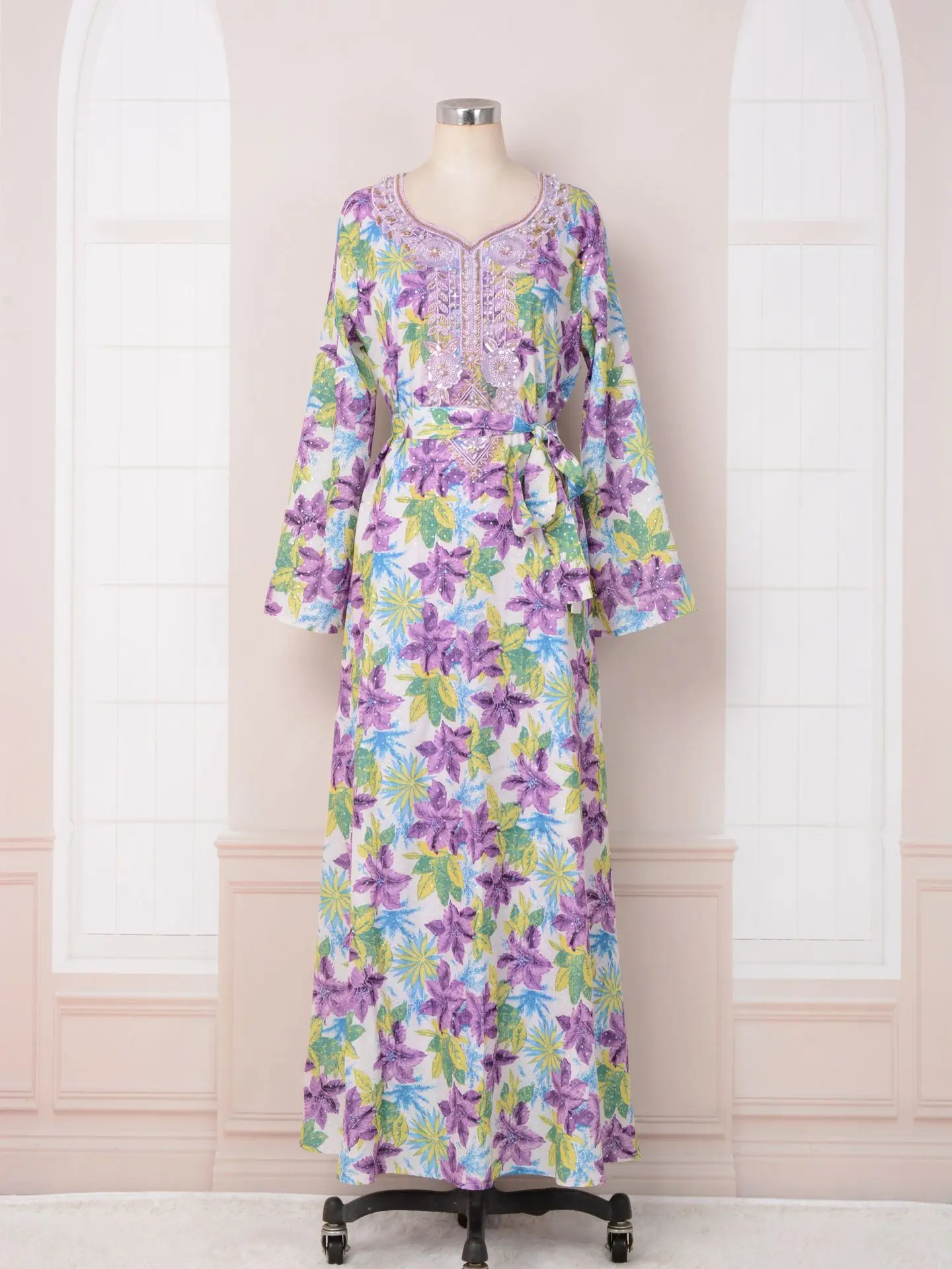 Abaya For Women Muslim Dubai Saudi Abaya Light Luxury Printed Beaded Robe Dress Ramadan Gurban O-neck Abaya Elegant Women