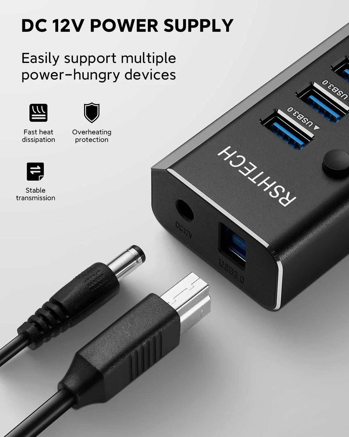 RSHTECH USB Hub 5Gbps 7 Ports USB3.0 Data Hub Splitter 12V/2A Power Adapter Individual On/Off Switches USB Port Expander 5