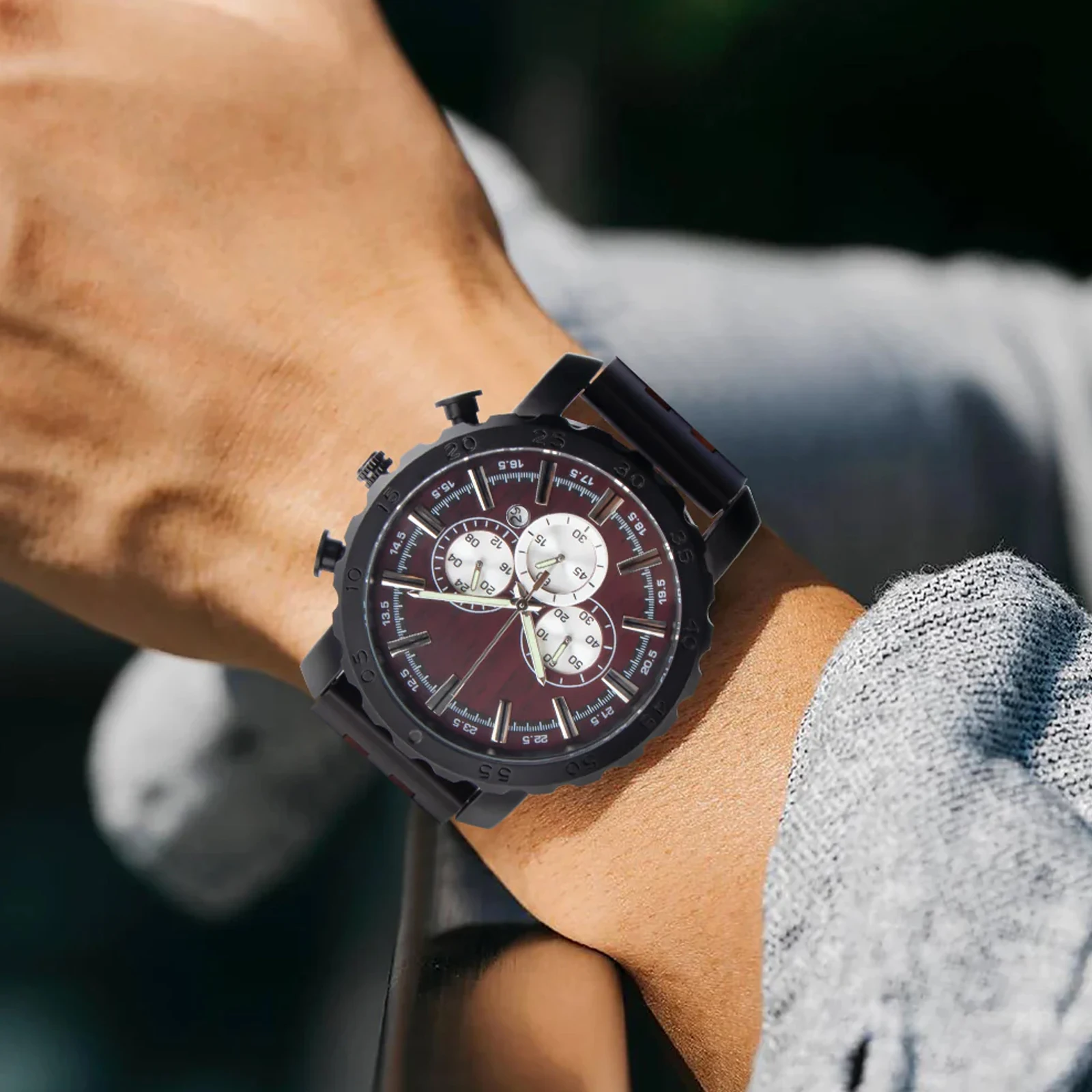 Men's watch wooden watch multifunctional quartz wristwatches small seconds, fashionable large dial display calendar watch