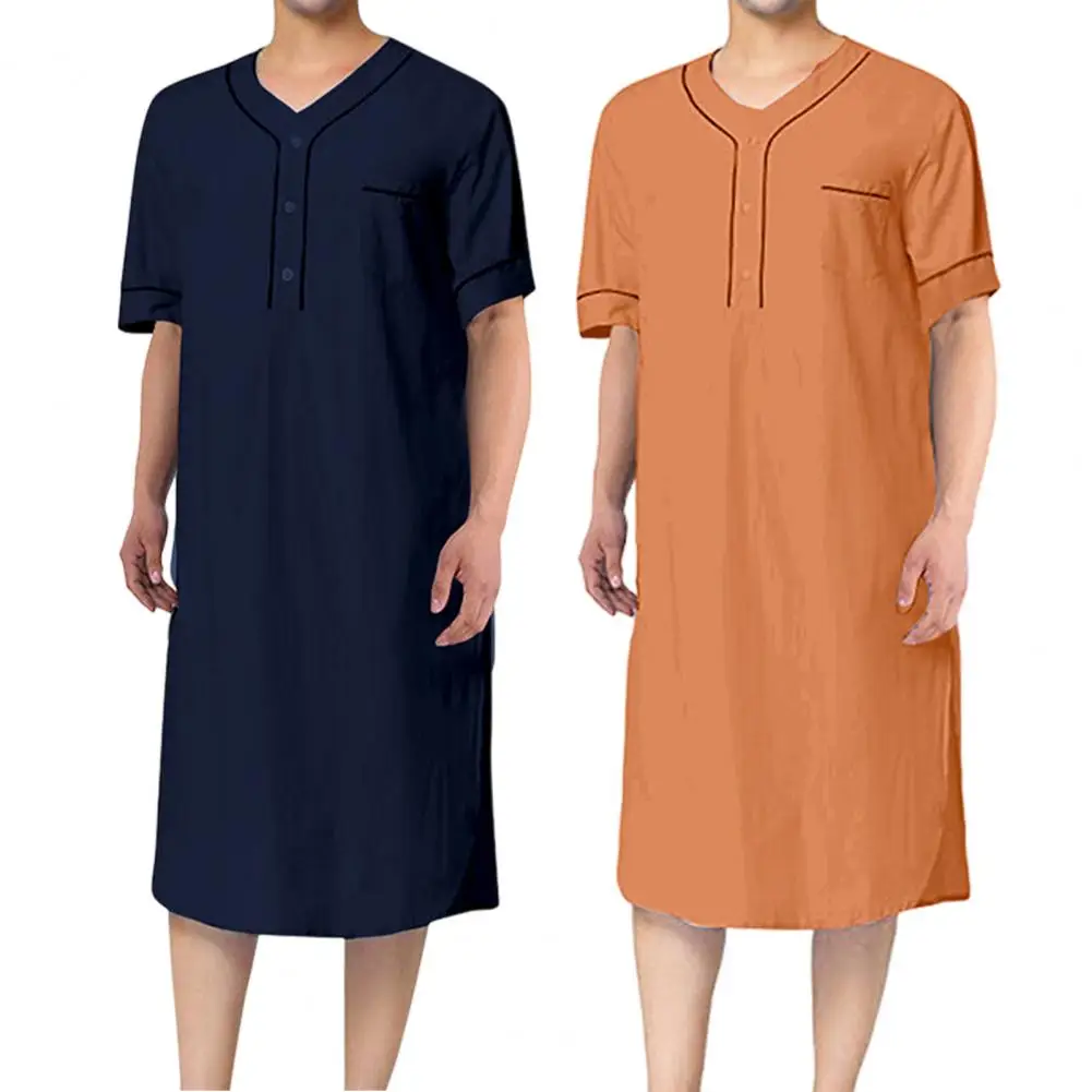 summer modal homewear thin short sleeve nightdress women nightgown sleepwear sleep wear womens clothing sleep wear Men V-neck Short Sleeve Casual Nightgown Patch Pocket Solid Color Mid-calf Length Sleep Robe Leisure Nightdress Home Wear