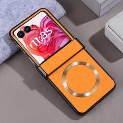 Premium Cloth Texture Shockproof Magnetic Hinge Case with Wireless Charging for Motorola Razr 50 Ultra Plus (Yellow)