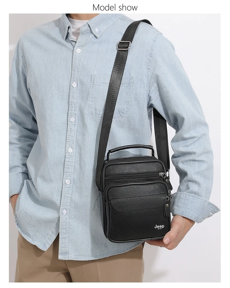 JEEP BULUO Brand Genuine Leather Men Shoulder Bags Black High Quality Male Cow Leather Crossbody Tote Handbags Business Fashion
