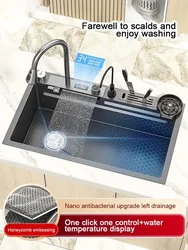 Digital Display Feiyu Waterfall Large Single Slot 304 Stainless Steel Sink Embossed Kitchen Household Vegetable Wash Basin Left