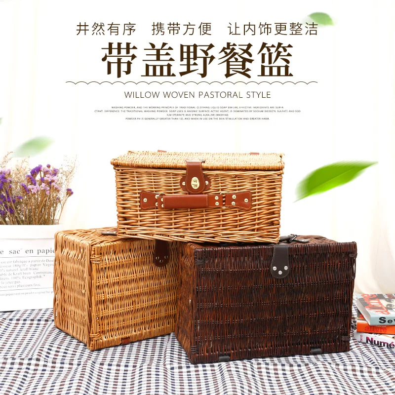 Rattan wicker picnic basket outdoor picnic household storage basket fruit steak vegetable basket with cutlery 2