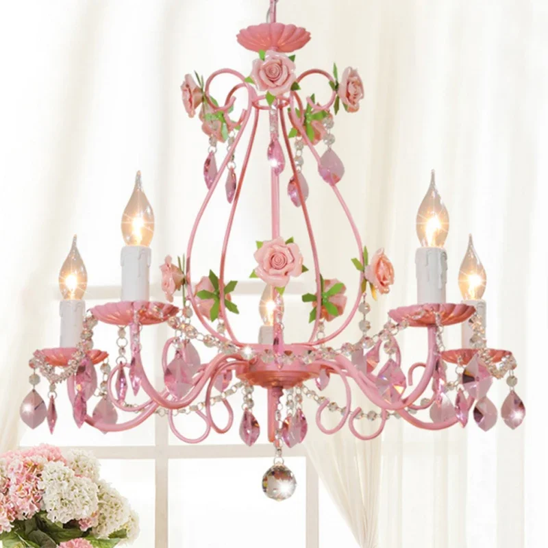 

Warm Bedroom Chandeliers Wedding Rose Restaurant Children's Princess Crystal Pendant Lamp Romantic Pastoral Living Room Lighting
