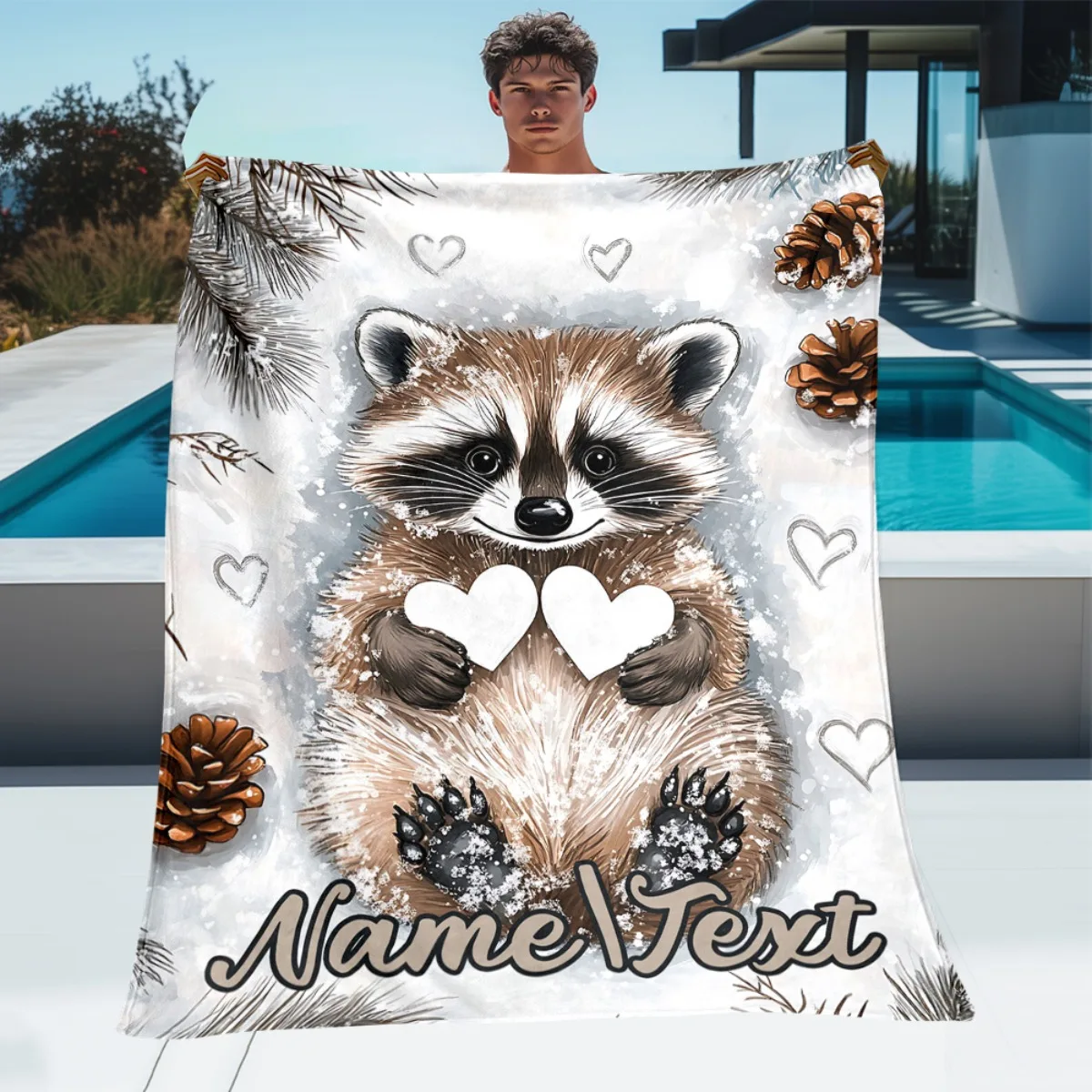 Personalized Raccoon Blanket with Heart Shaped Design Lightweight Bedding, Perfect for Sofa Beds, Travel Camping Living Rooms, O