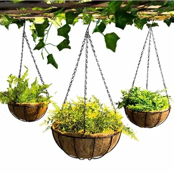 8/10/12-inch Coconut Fiber Plant Holder Metal Hanging Basket Round Wire Planter Pot for Home Garden Flowerpot Balcony Decoration 1