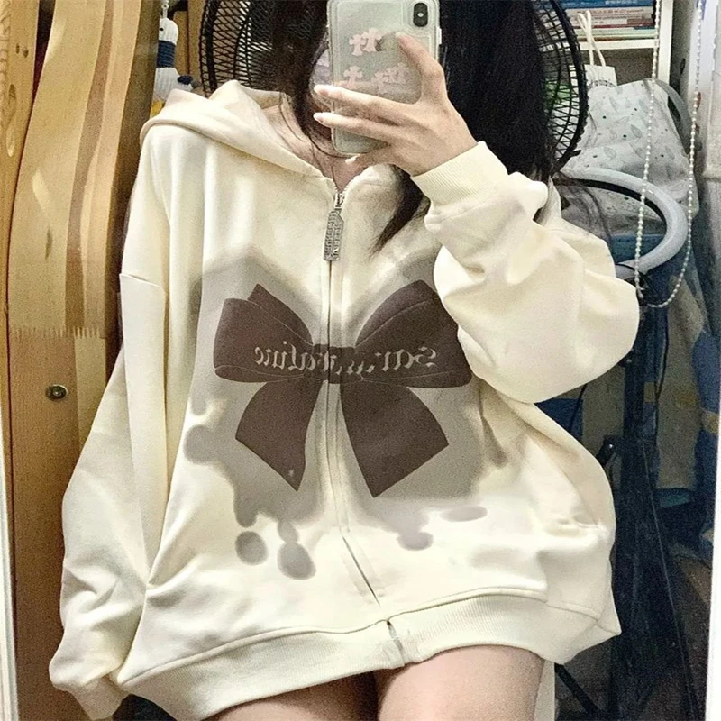 

Zip up Hoodie Oversized Korean Hoodie Bowknot Print Sweatshirt for Women 2023 Winter Hoodies Coat Long Sleeve Y2k Jacket Gothic