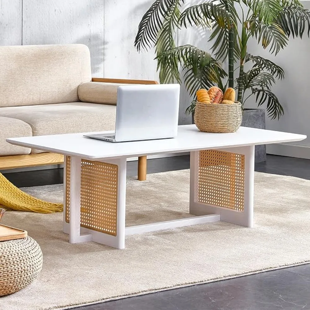 Modern Boho Imitation Rattan Coffee Table for Living Room Minimalist Style Rectangular Solid Wood Coffee Tea Table 5