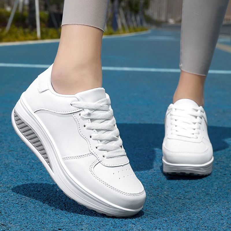 White Leather Fashionable Round Toe Rocking Shoes Casual Women Comfortable Thick Sole Sloping Heel Outdoor Sports Shoes Black