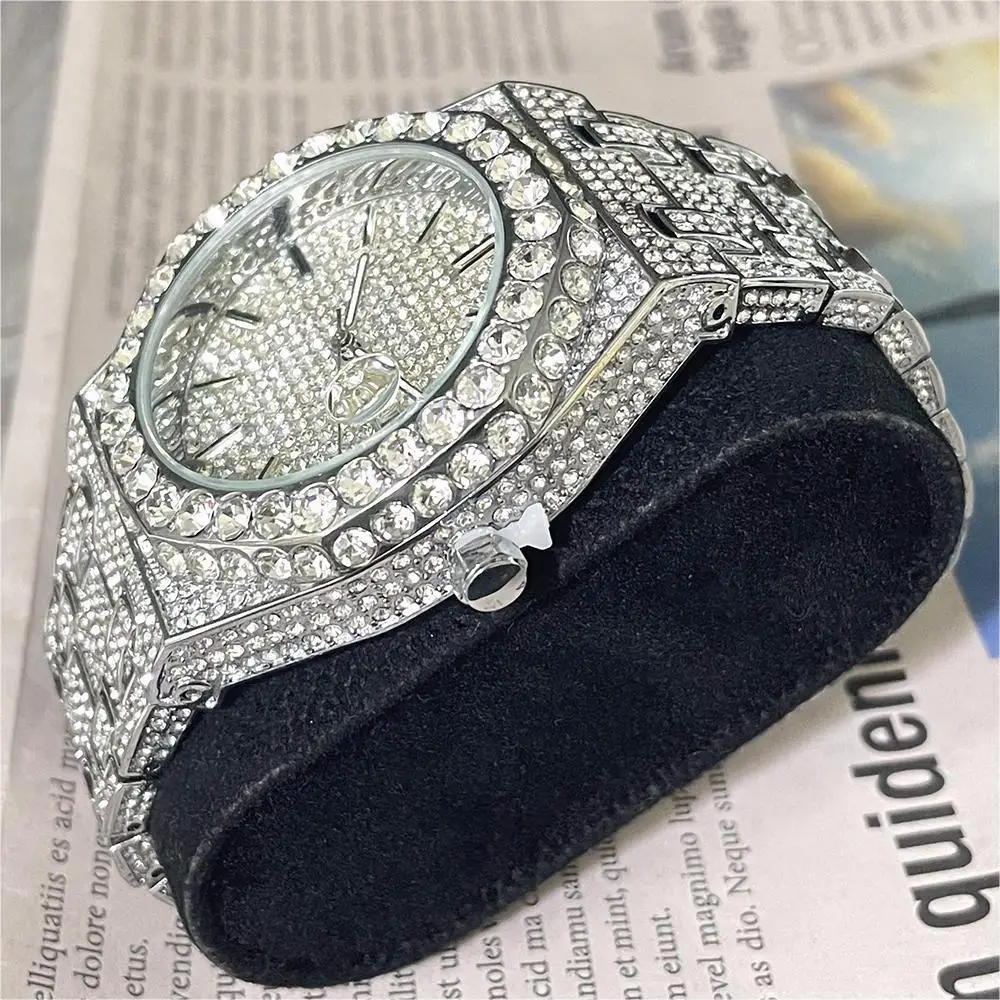 MISSFOX Luxury Iced Watch Men Automatic Date Fashion Waterproof Quartz Clocks Hip Hop Full Diamond jewelry Wristwatches 2023 New