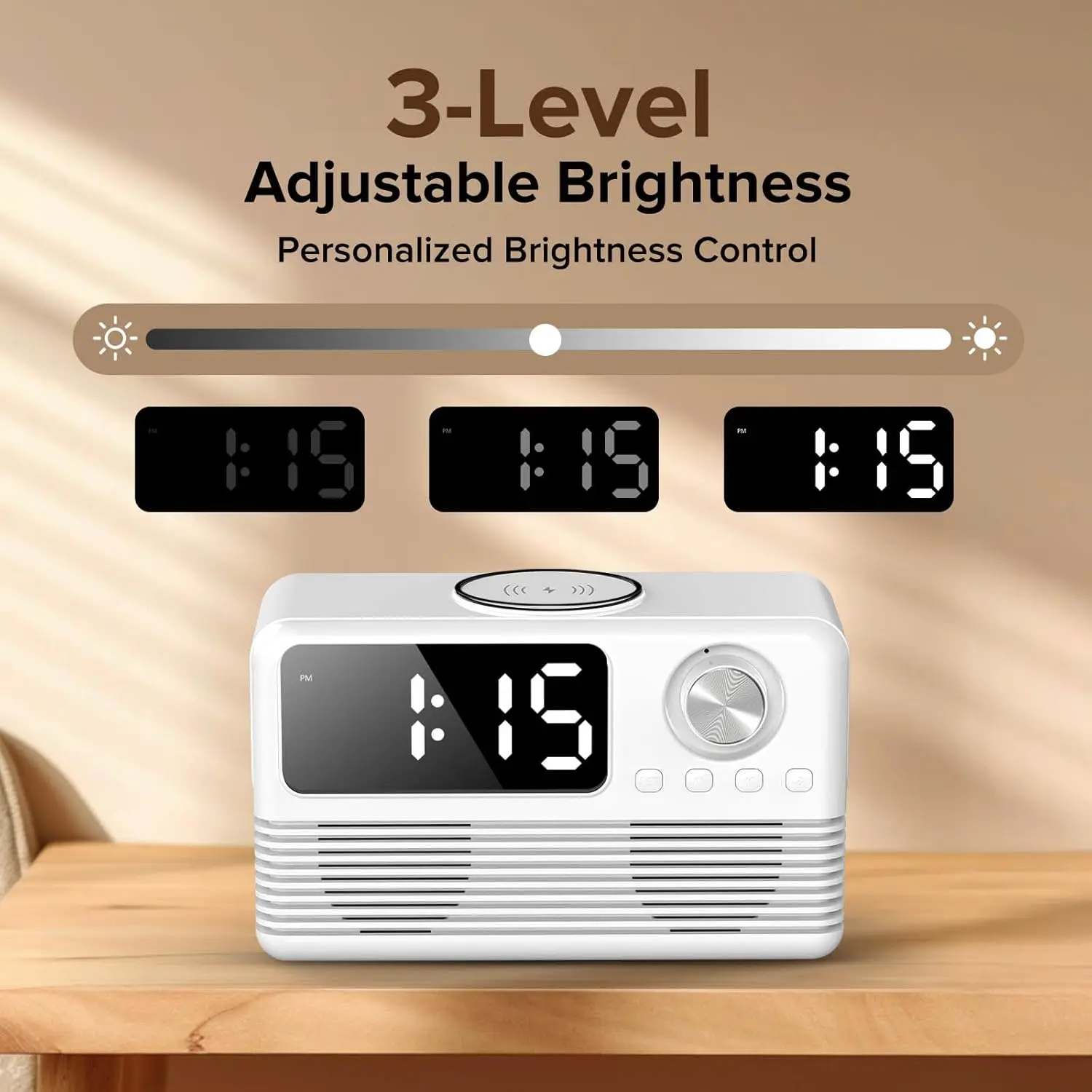4-in-1 Wireless Charging Station with Fast 15W Charger, Bluetooth Speaker, Alarm Clock, and FM Radio for Bedroom Use 6