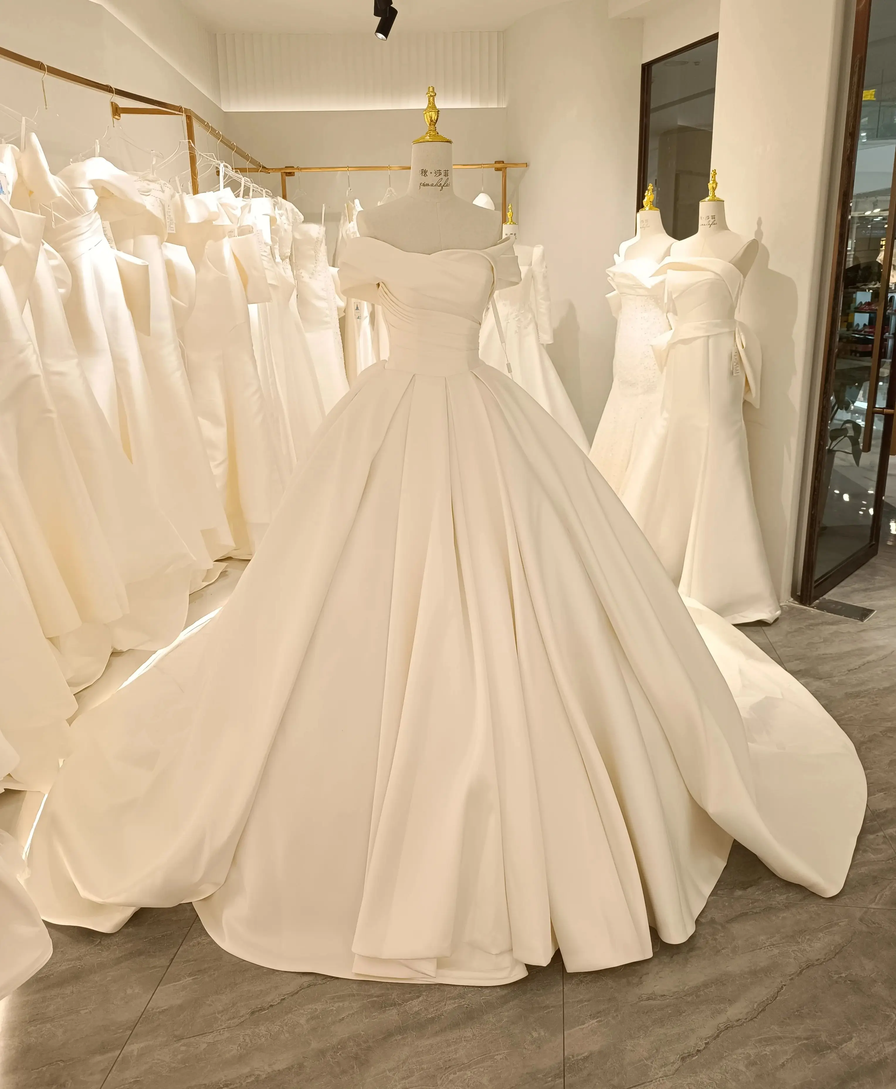 

Mikado Ball Gown Off the Shoulder Cathedral Train Wedding Dress