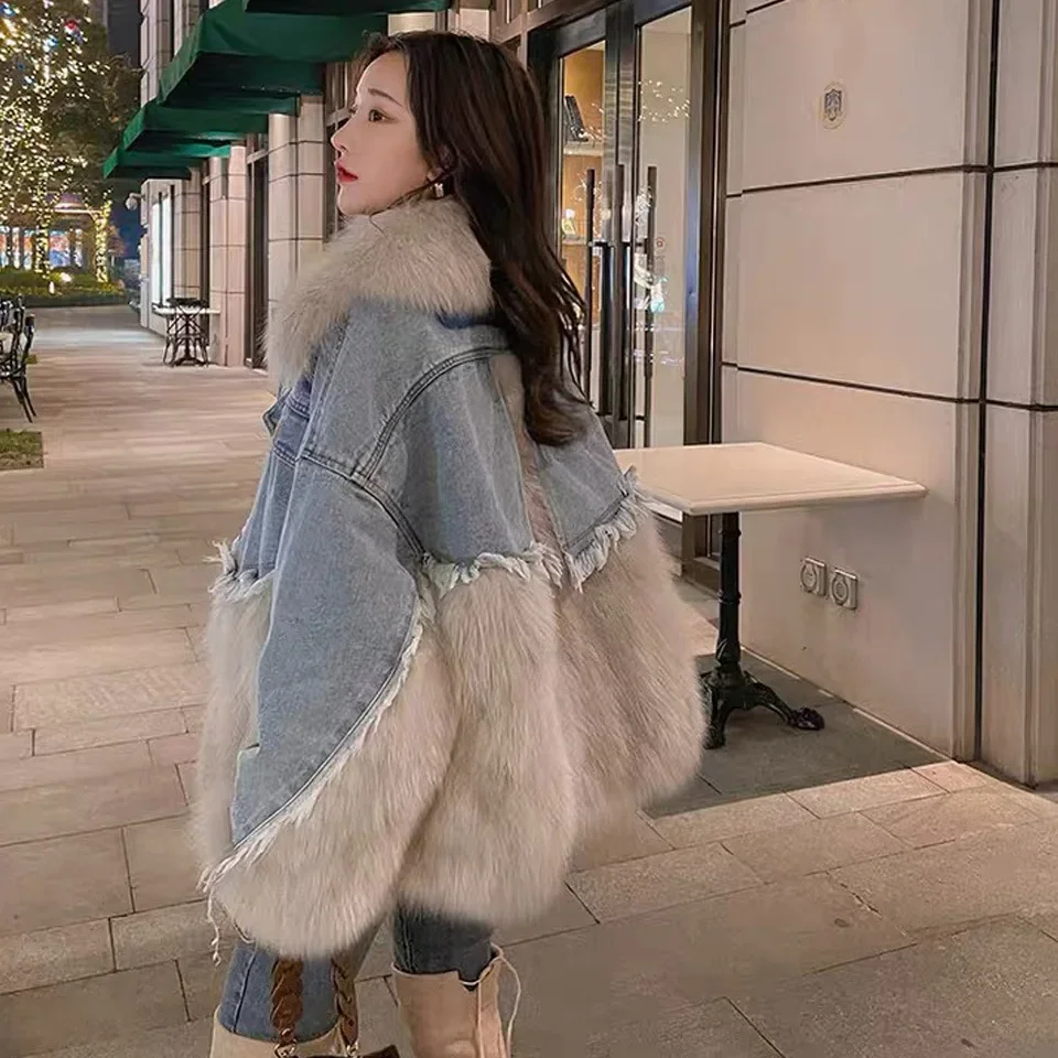 Lapel Single Breasted Long Sleeve Faux Fur Coat Female 20236 Autumn and Winter New Furry Heavy Industry Denim Parka Women