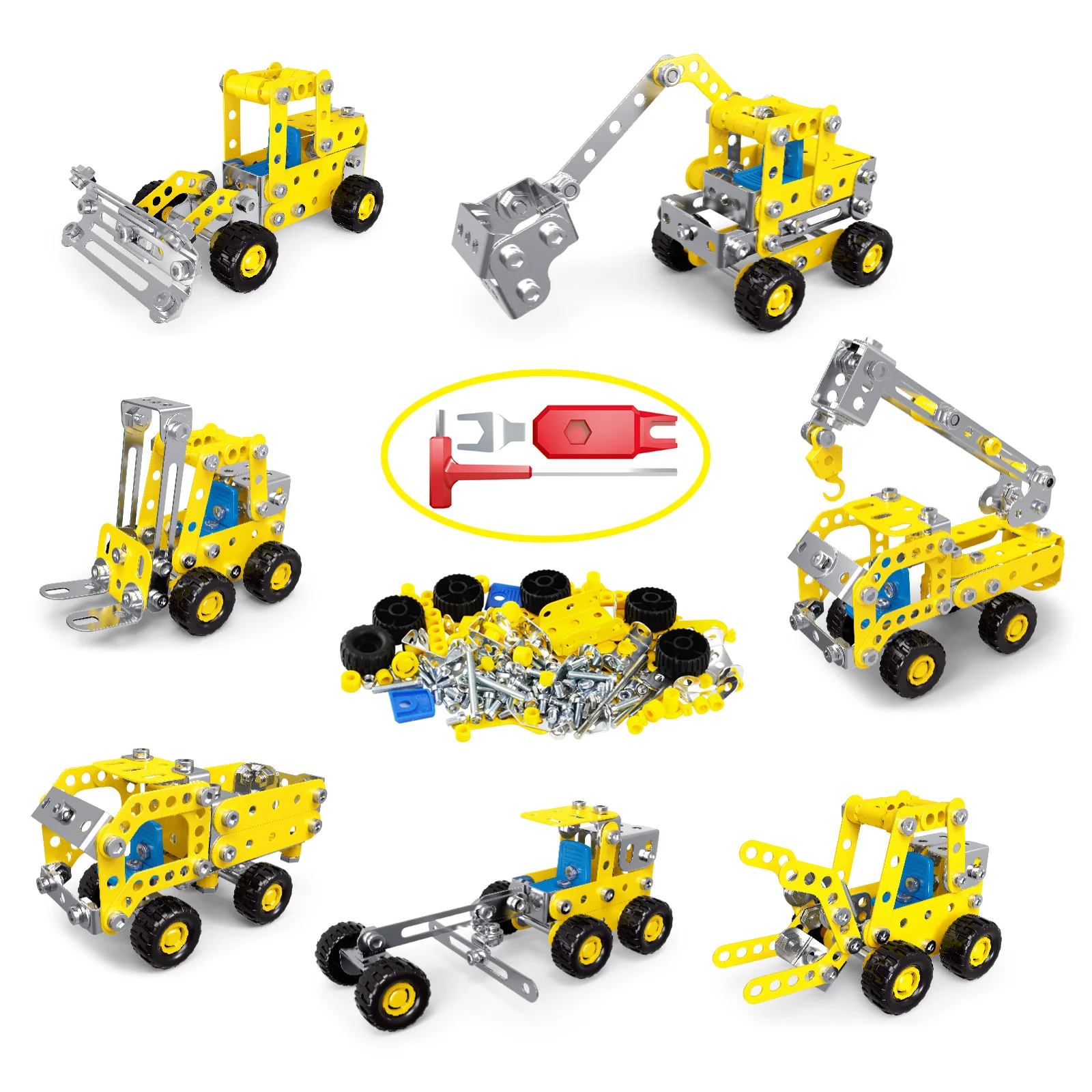 Metal Assembly Building Block Fire Truck Model Crane Excavator Bulldozer Engineering Vehicle Set DIY Screw Nut Alloy Toy for Boy assemble toy building block toy