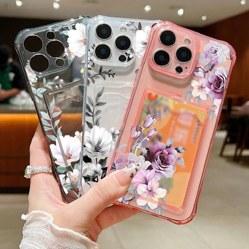 Floral Shockproof Silicone Phone Case with Card Slot Pocket