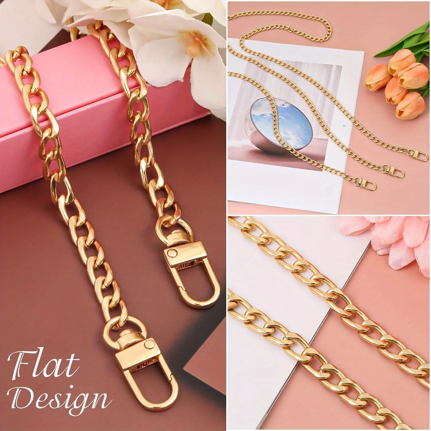 Purse Chain Strap 40-140cm Flat Chain Strap Handbag Chains Wallet Satchel Tote Bags Shoulder Bag Replacement