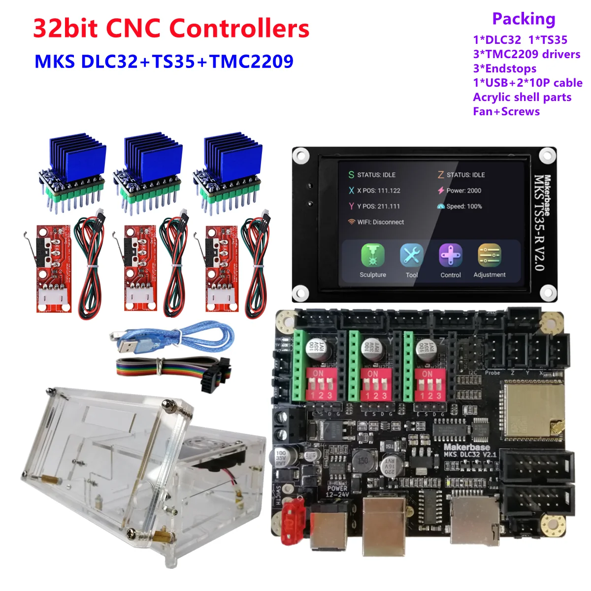 MKS DLC32 Motherboard, Offline-Steuerung für Graviermaschinen, 32 Bit, WLAN/BT, 2,4/3,5 Zoll Touchscreen, Unterstützt Webseiten- und Mobile APP-Steuerung, für GRBLaser