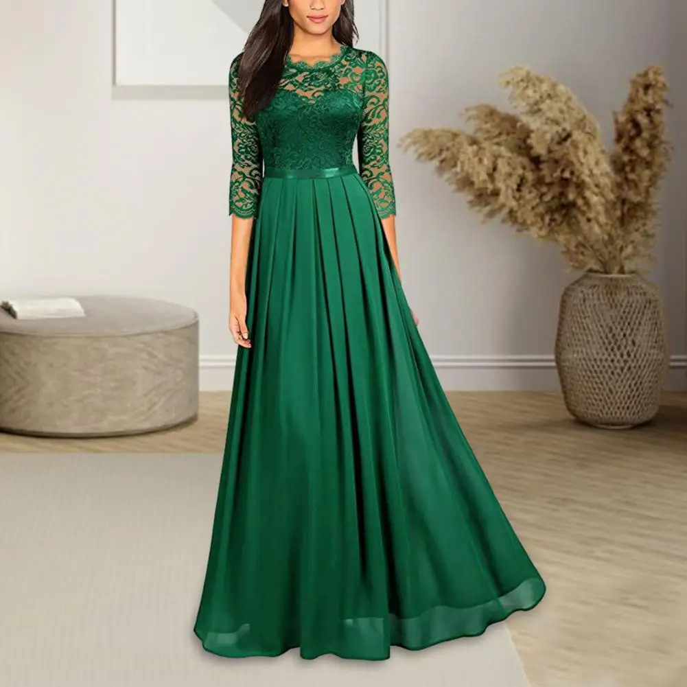 

Women Elegant Gown Dress O-Neck 3/4 Sleeve Embroidery High Waist Loose Hem Robe Dress Wedding Night Party Maxi Dress 섹시 로브 원피스