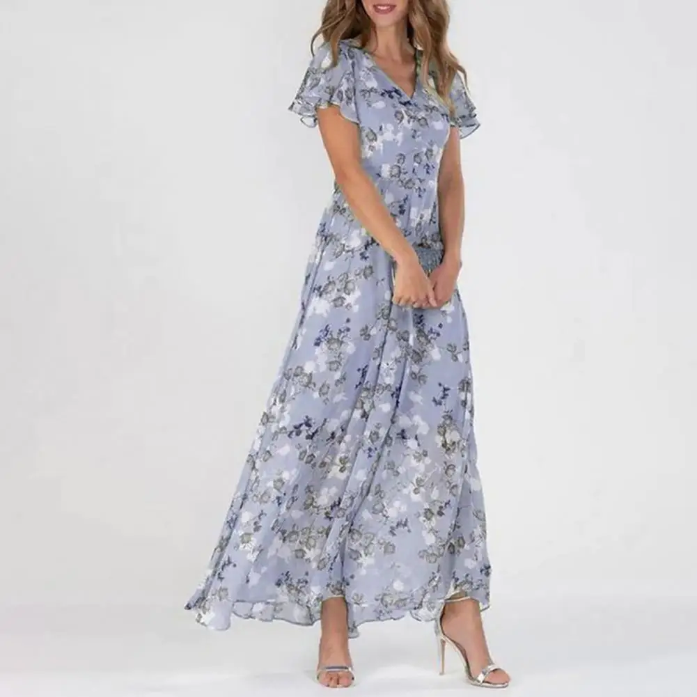 

Women Vacation Dress V Neck High Waist Ruffle Flower Print Short Sleeves A line Loose Big Hem Summer Beach Maxi Dress Resort