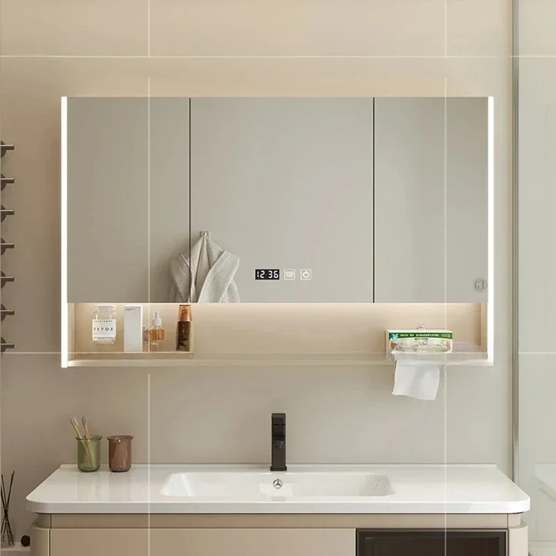 Nordic Smart Bathroom Mirror Cabinet Wall Hanging Mist Removal Dressing Storage Mirror Solid Wood Furniture Mueble Lavadora FYBC