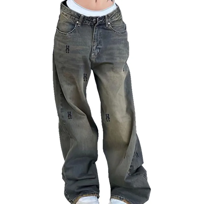 Women Vintage Denim Pants Spring Autumn Clothes Retro Letter Print Wide Leg Jeans with Pockets Female Clothing Streetwear