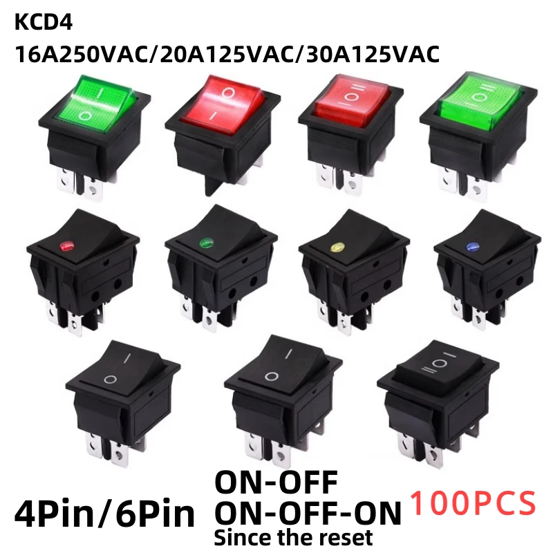 

100PCS KCD4 Rocker Switch ON-OFF 2 Position 4 Pins / 6 Pins Power Switch 2 Position 16A 250VAC/ 20A 125VAC Ship type switch