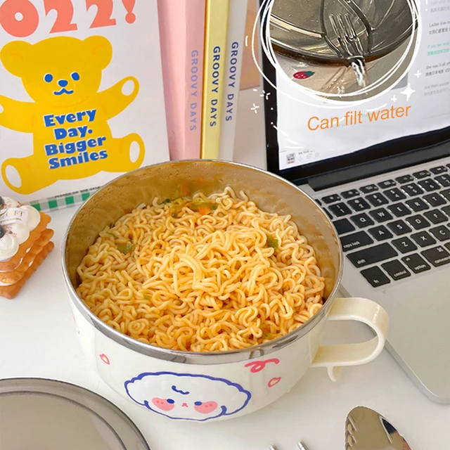 Kawaii Ramen Bowl With Chopsticks Lid Spoon Cute Stainless Steel Instant  Noodles Fruit Salad Soup Cartoon Big Bowl 1000/1200m