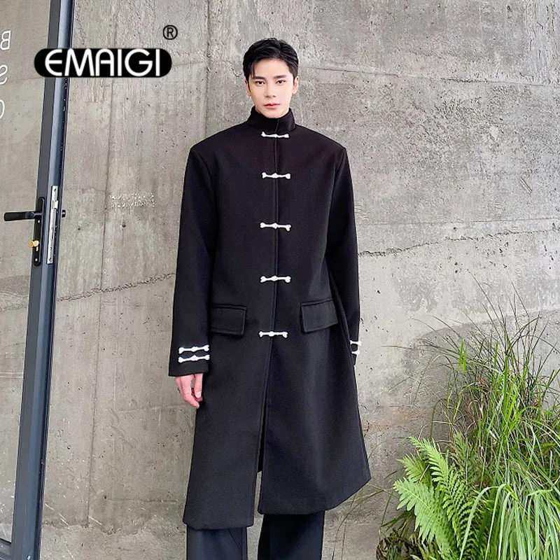 

Men Chinese Buckle Stand Collar Long Trench Coat Men's Women's Streetwear Fashion Vintage Woolen Windbreaker Jacket Outerwear