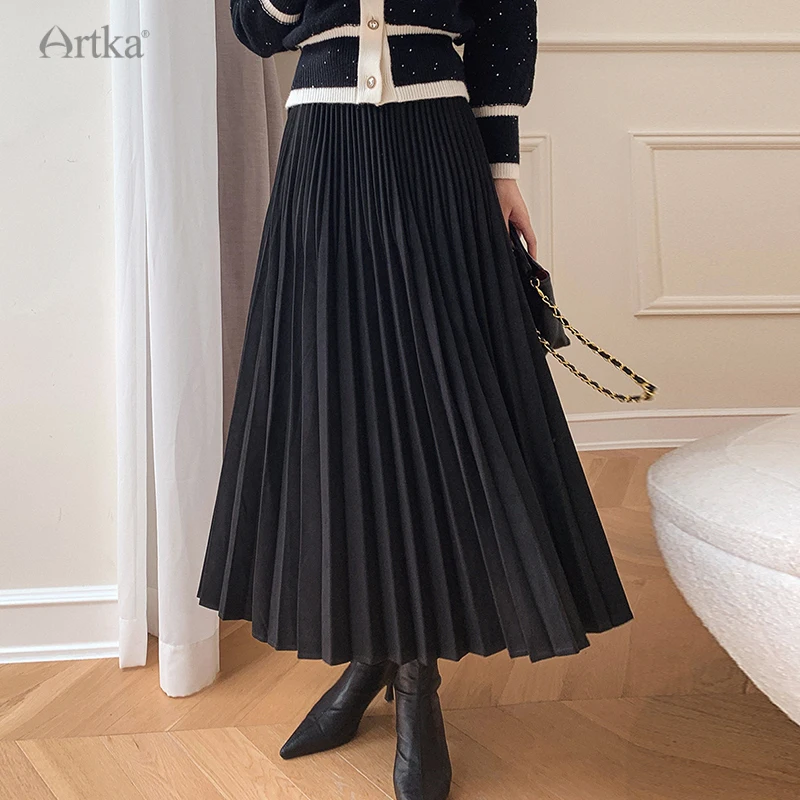 

ARTKA 2023 Spring New Women Skirt Elegant Black A-Line Pleated Draping Skirts Elastic High Waist Long Skirt Female 21QA008Q