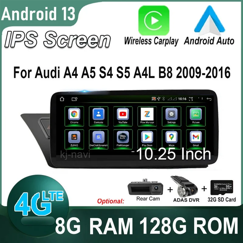 

10.25" IPS Android 12 For Audi A4 A5 S4 S5 A4L B8 2009 - 2016 System Car Player Radio Stereo GPS Navigation Carplay Multimedia