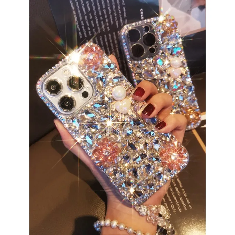 

Glitter Phone Case for iPhone, Water Rhinestone Flower Cover, Luxury Fashion, 15, 14, 13, 12, 11 Pro Max, XR, 7, 8 PLUS