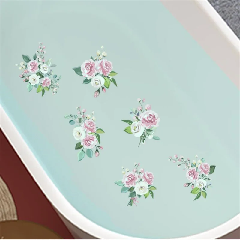 6PCS Anti Slip Cartoon Plant Flower Bathtub Wall Stickers for Children's Self-Adhesive Removable Bathroom Decoration Art Mural