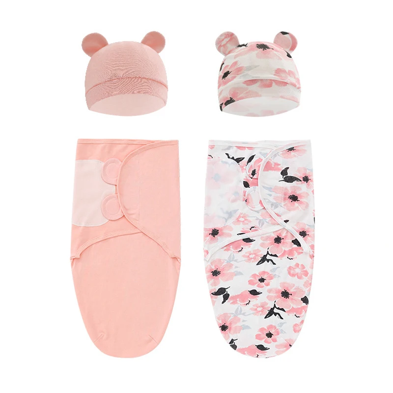 

2pcs/set 0-6M Cotton Newborn Sleepsack Baby Swaddle Blanket Wrap Hat Set Infant Adjustable New Born Sleeping Bag Muslin Blankets