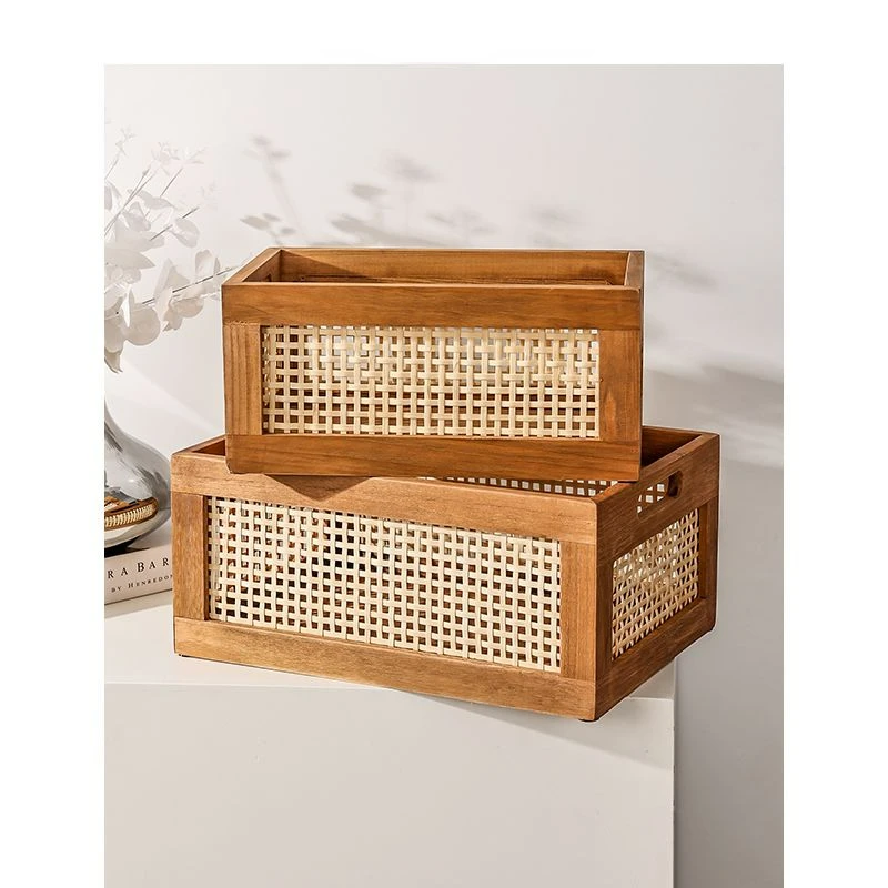 

Kitchen Storage Basket Vintage Rattan Storage Basket Desktop Solid Wood Storage Box Hand-woven Snack Toys Japanese Storage Box