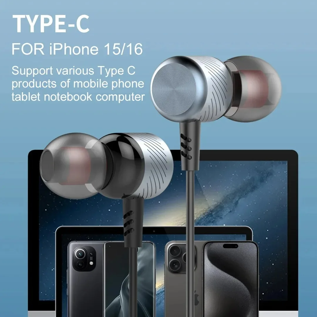 Bedrade in-ear oordopjes met USB-C en 3,5 mm dubbele poort, Dolby Stereo headset met microfoon voor dagelijks gebruik._voghion.com