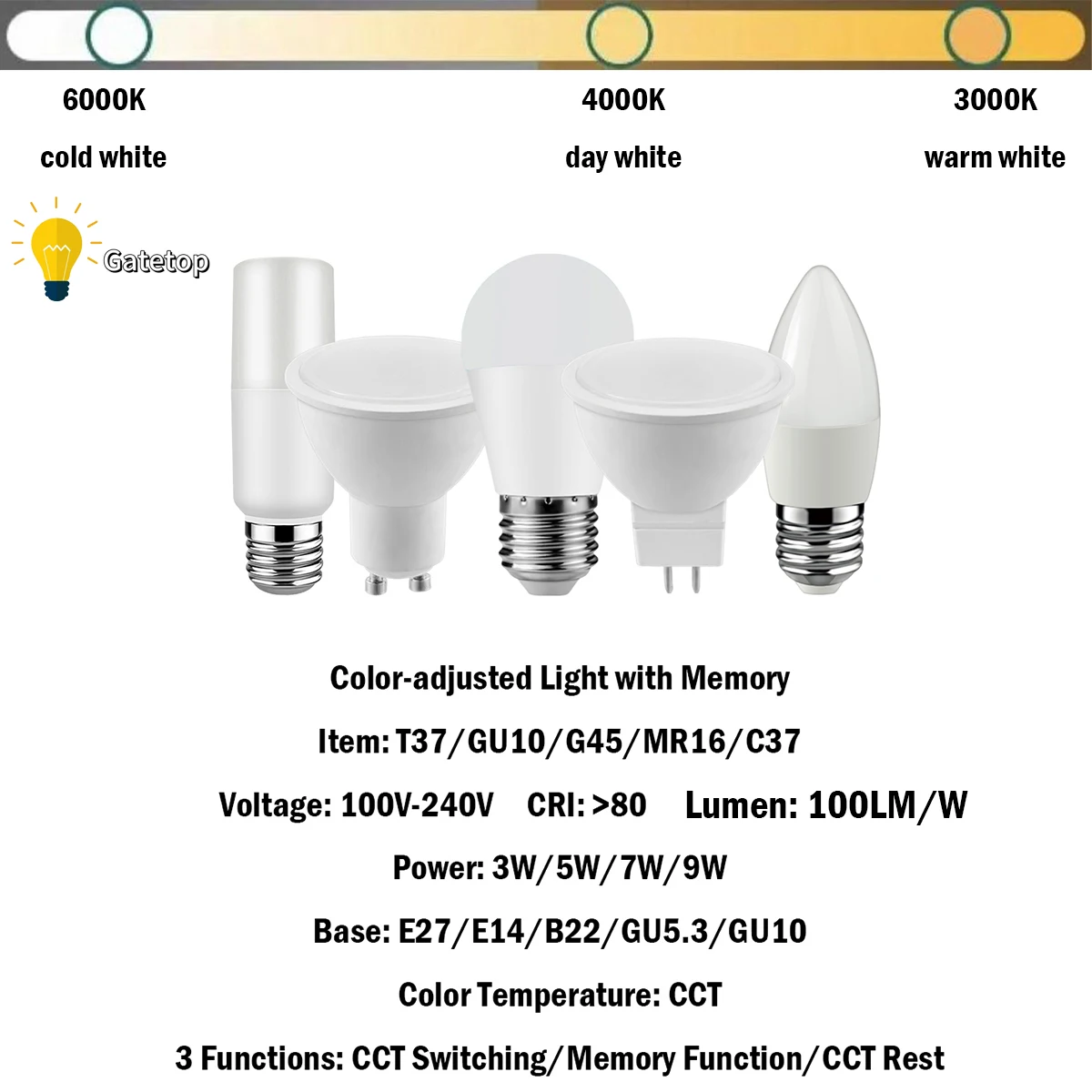 10PCS New LED Smart Light 3 Color-Adjusted with Memory 3-9W 100-240V GU10/MR16/C37/T37/G45 No Strobe 3 Functions for Home Office