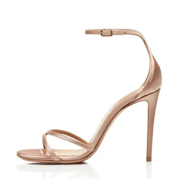 Bare colored satin high-heeled sandals with exposed toes, slim high heels, straight buckle strap, fashion cool boots, large size